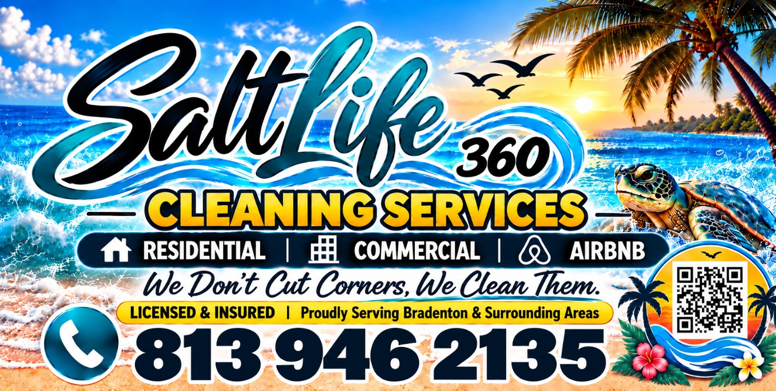 Salt Life 360 Cleaning Services — ocean waves, a palm tree and sea turtle